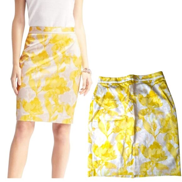 banana Republic Floral Yellow Cotton Blend Summer Pencil Skirt Size 6 Medium - Picture 3 of 11